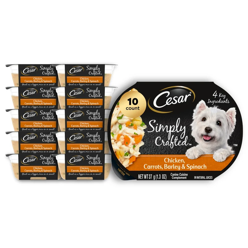César Simply Crafted – Garnitures Humides pour Croquettes Adultes, Poulet, Carottes, Orge et Épinards – Pots 1,3 oz, Lot de 10