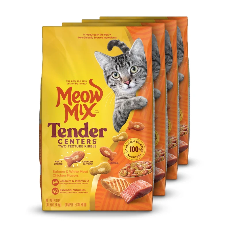 Meow Mix Tender Centers Croquettes Sèches pour Chat — Saumon et Poulet Blanc, Sac de 1,36 kg (lot de 4)