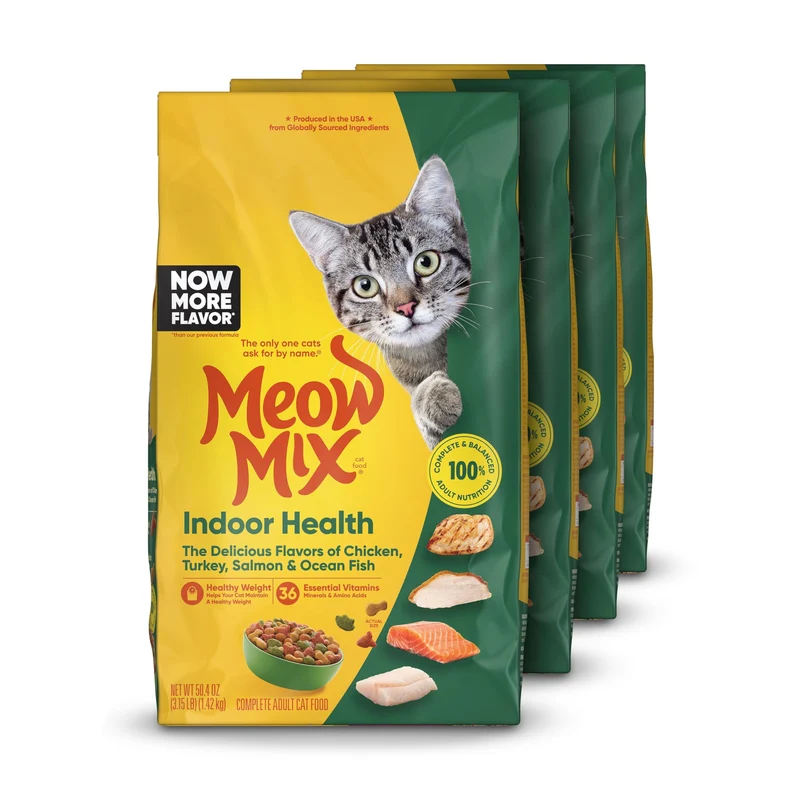 Meow Mix Indoor Health – Croquettes pour chat adulte, sac de 3,15 lb (lot de 4)