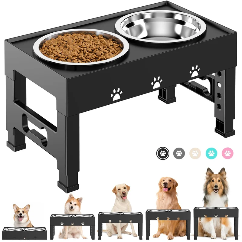 LAKIPETN - Gamelles surélevées pour chiens, 2 bols inox, hauteur ajustable 23–30 cm, base anti-dérapante