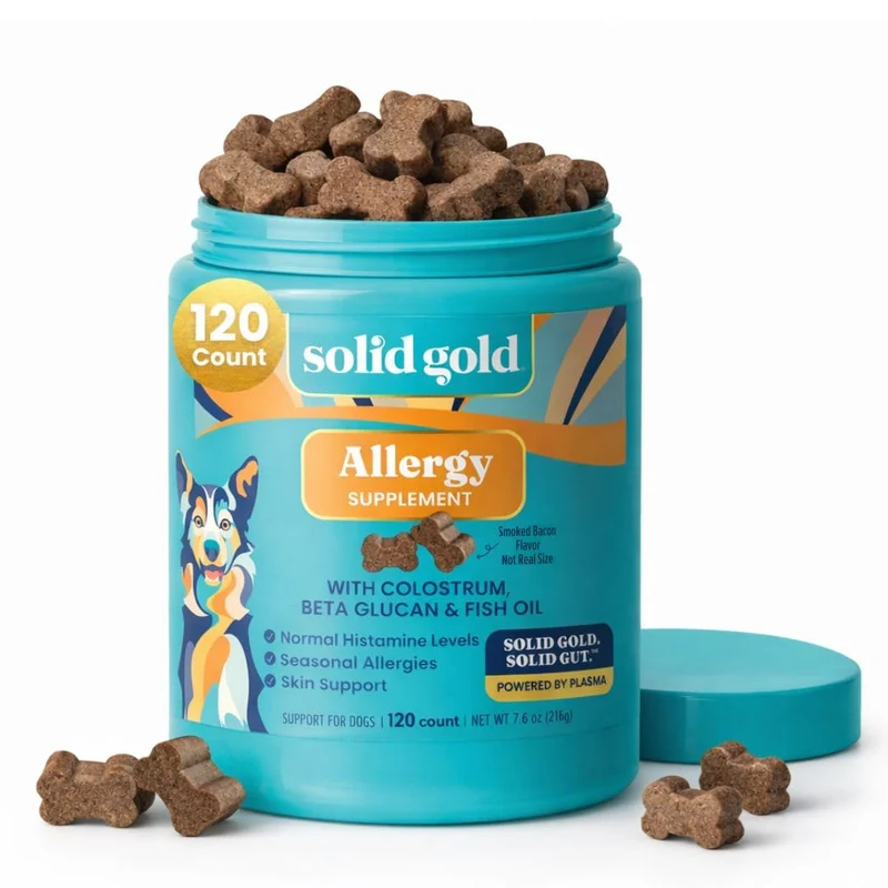 Solid Gold Friables Allergie Chien – Soulagement démangeaisons & allergies saisonnières – Saumon Alaskan, Saveur Bacon – 120 ct