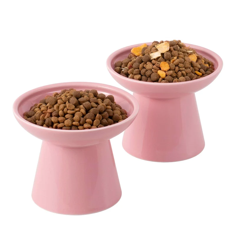 CEEFU Assiettes Élevées pour Chats - Bol en Céramique Rose, Large et Peu Profond – Lot de 2