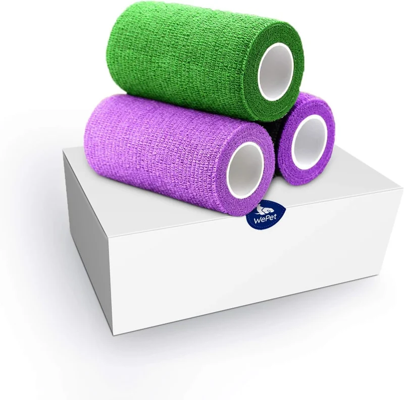 WePet Wrap – Bande Cohésive Auto-Adhésive Non Tissée 4 pouces, 3 Rouleaux (Vert et Violet) pour Chiens, Chats, Chevaux et Oiseaux
