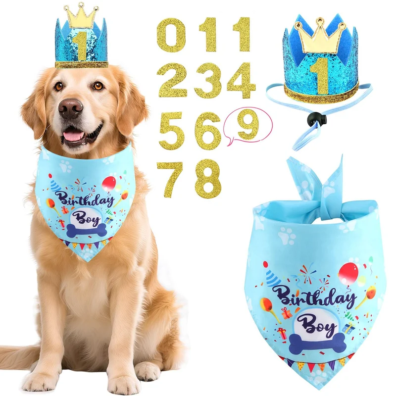 Rensh Accessoires Anniversaire Chiens et Chats – Bandana Bleu et Chapeau Numéros (Tailles S/M/L/XL)