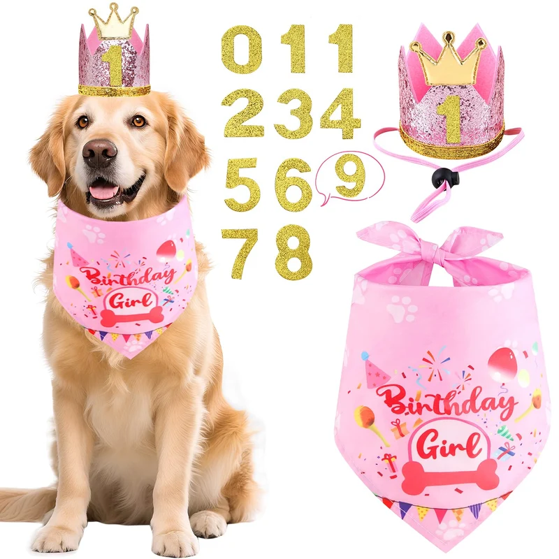 Rensh Bandana et Chapeau d’Anniversaire pour Chiens et Chats – Tailles S, L et XL (Rose) | Décorations pour Animaux