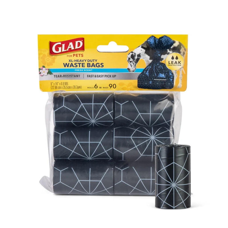 Glad for Pets – Sacs à crottes extra larges parfumés 9 x 14 po, 90 sacs, résistants et pratiques