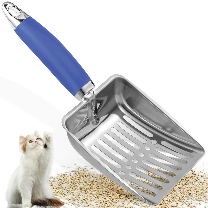 Apidgrowth Pelle à Litière pour Chats – Acier Inoxydable, Maille Robuste, Manche Longue (Bleu)
