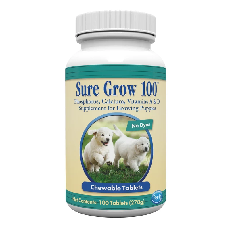 PetAg Sure Grow 100 – Soutien du développement osseux des chiots dès 8 semaines | Calcium, Phosphore et Vitamines A & D – 100 comprimés à mâcher