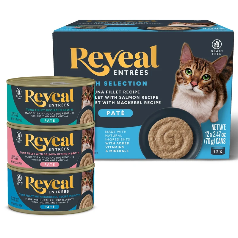 Reveal Entrées – Paté naturel pour chats, sans céréales, protéines élevées, sans carraghénane – 12 boîtes de 70 g