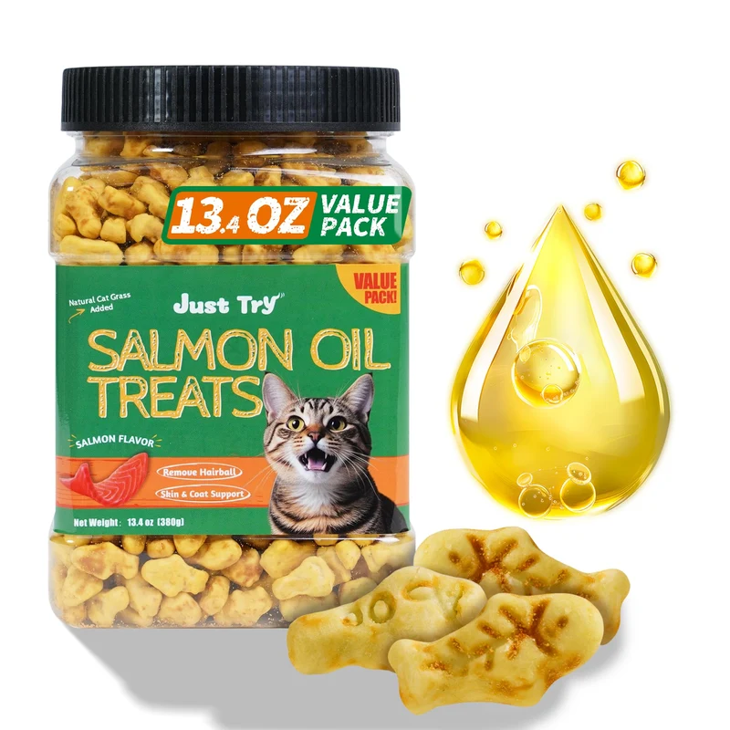 Just Try 13,4 oz Friandises pour Chats au Saumon – Pelage Sain, Huile de Saumon, Soin Dentaire et Boules de Poils