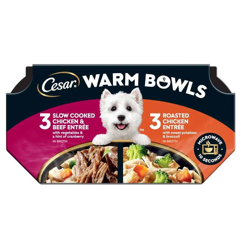 Cesar Warm Bowls – Variété Poulet et Boeuf, Nourriture humide pour chiens, 6 x 2,7 oz (lot de 2)
