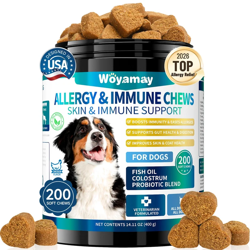 Woyamay Gommes Allergie Chien – Soutien Peau, Immunité et Digestion, 200 Friandises Probiotiques Saveur Poulet