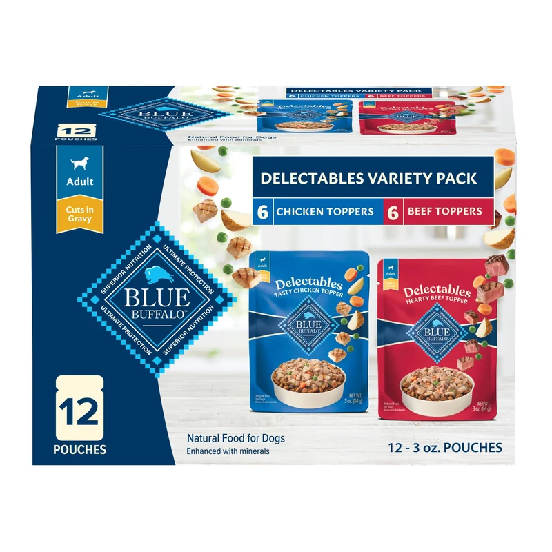 Blue Buffalo Délectables Toppers Humides pour Chiens — Variété Poulet Savoureux et Boeuf Copieux, Morceaux en Sauce, 3 onces (12 sachets, 6 de chaque saveur)