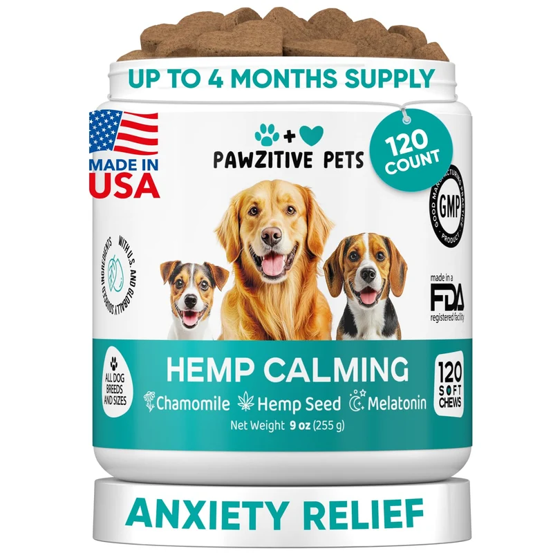 Friandises apaisantes au chanvre pour chiens - Pawzitive Pets | 120 friandises douces avec mélatonine, camomille et passiflore
