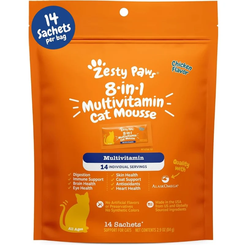 Zesty Paws – Mousse Multivitamines 8-en-1 pour Chats Indoor – Soutien Digestion, Peau et Immunité – Goût Poulet, 14 portions