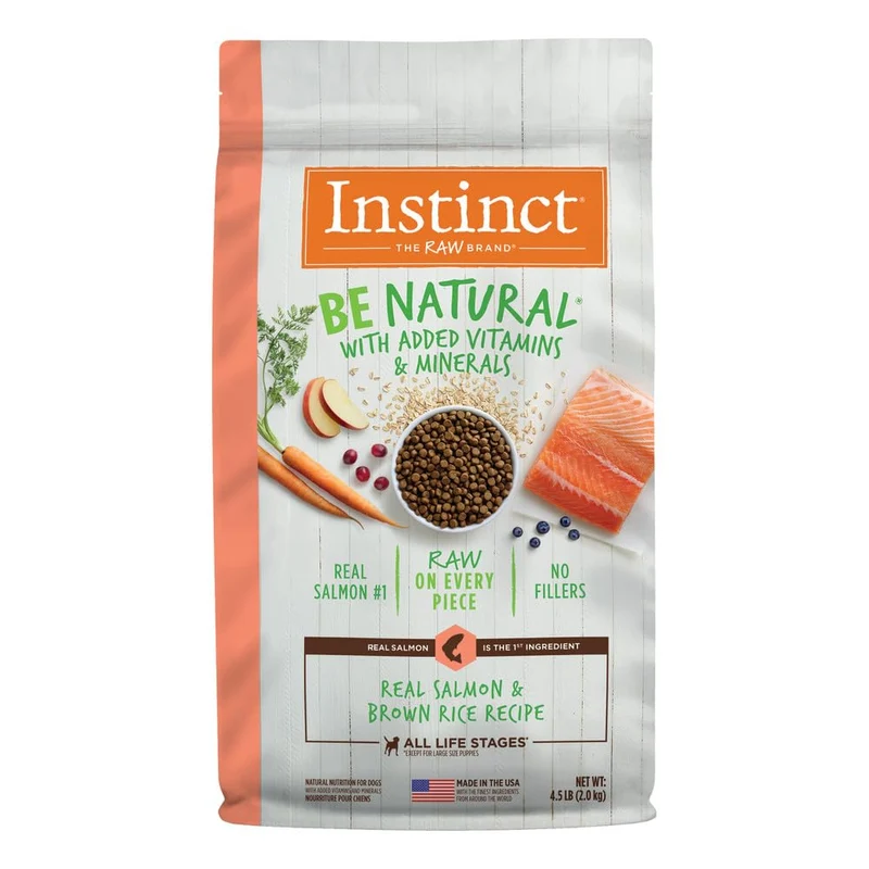 Instinct Be Natural – Nourriture sèche pour chien au saumon réel et riz brun, croquettes enrobées de cru, 4,5 lb