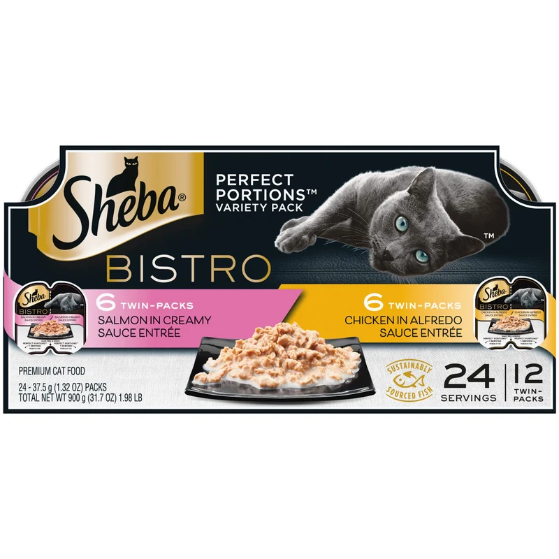 Sheba Parfaites Portions Bistro – Barquettes Humides pour Chats (12 barquettes, 24 portions) Poulet Alfredo et Saumon Crème