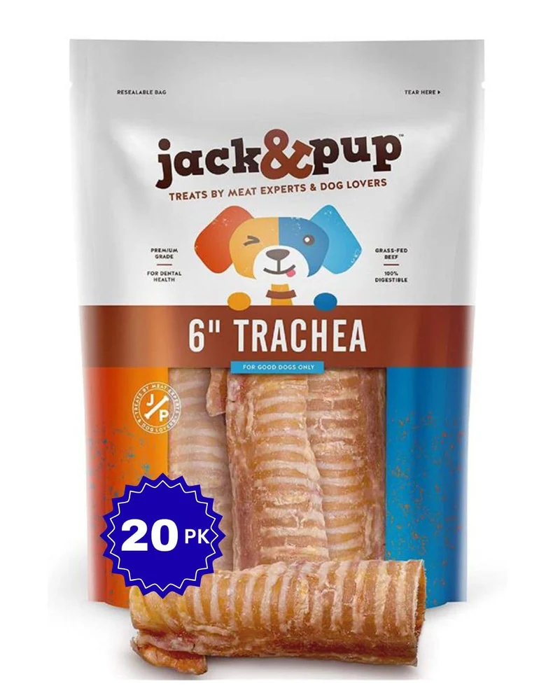 Jack&Pup Trachée de Bœuf 6 po pour Chiens – Lot de 20 Friandises Naturelles à Ingrédient Unique