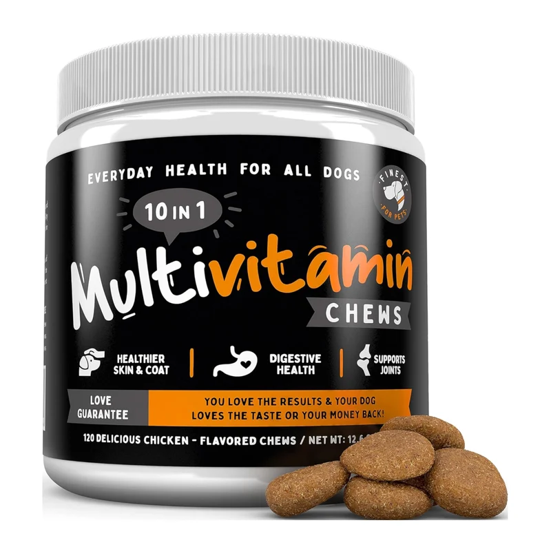 Finest For Pets – Multivitamines chien 10 en 1 avec Oméga et Glucosamine | Soutien articulations, peau, digestion et immunité (120 friandises)