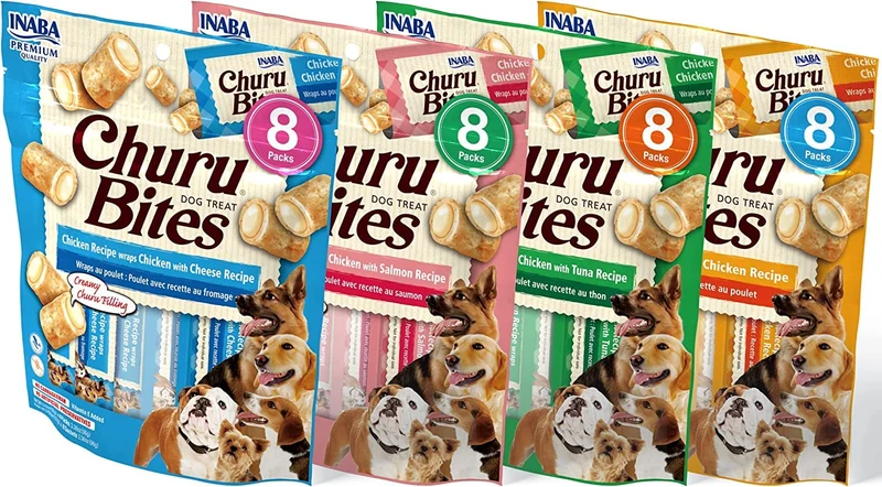 INABA Churu Bites pour Chiens – Friandises Sans Céréales, Texture Double, 32 Tubes (4 Saveurs)