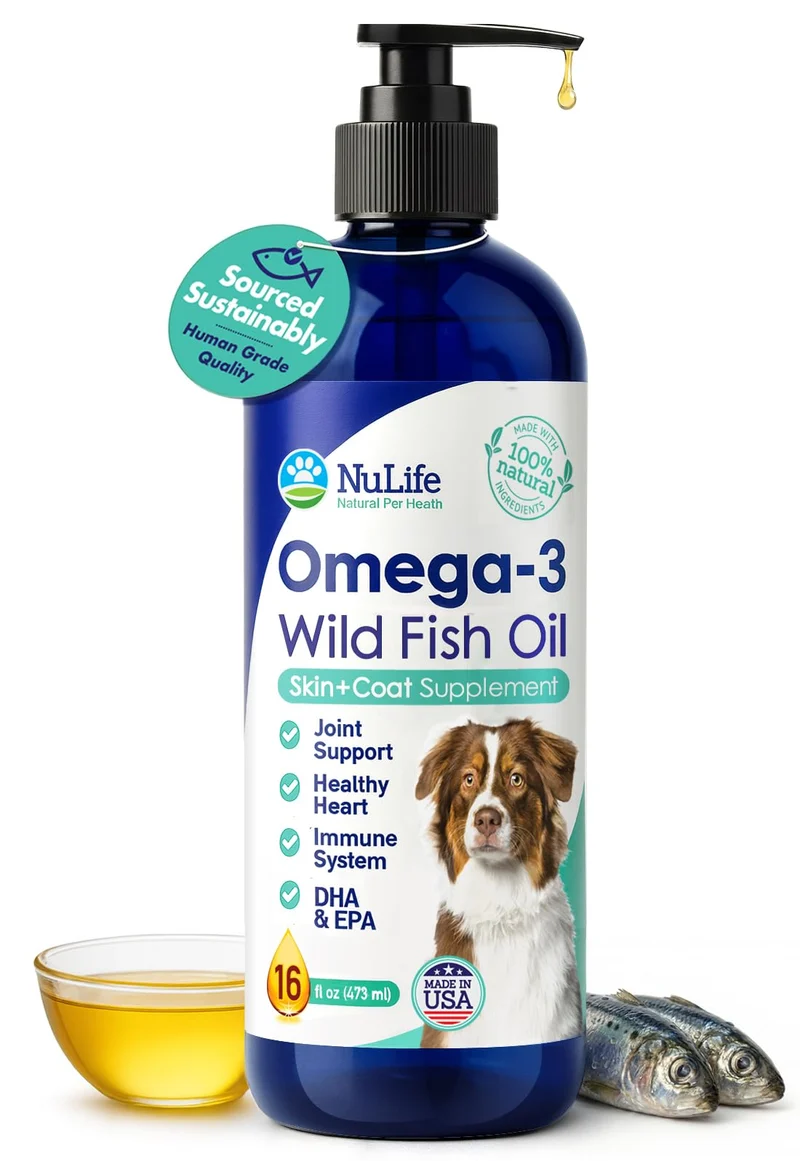 NuLife Natural Pet Health — Huile de Poisson pour Chiens (Omega 3, 6 & 9) Sauvage d’Islande, Peau et Pelage, 16 oz