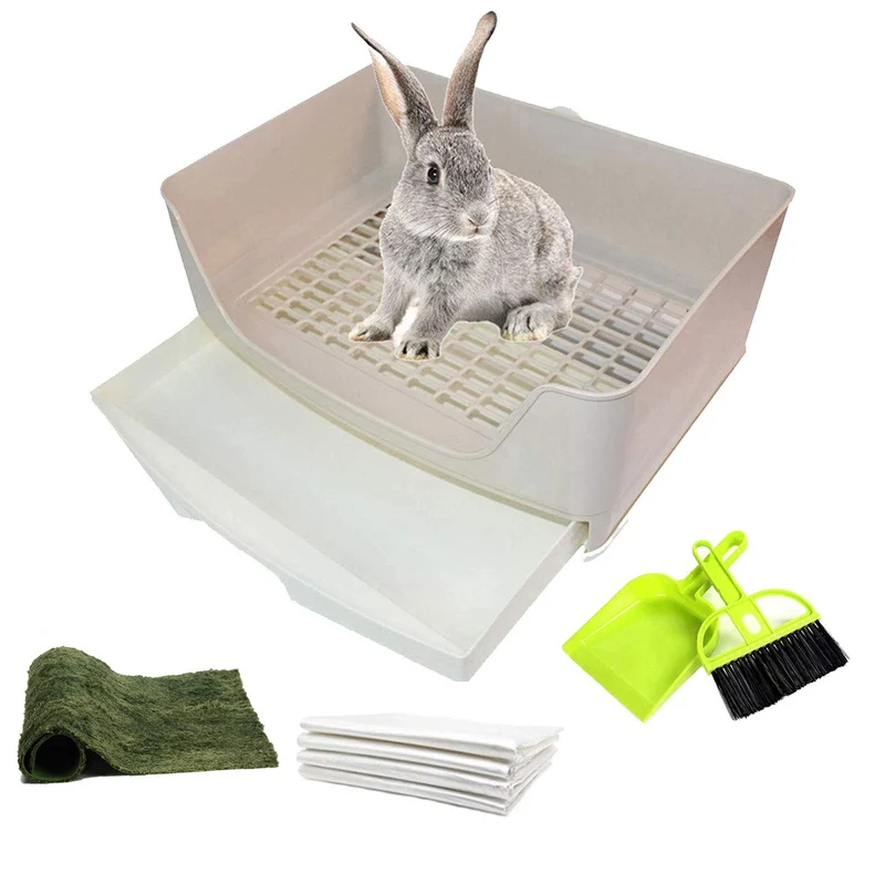 PINVNBY Grand Bac à Litière pour Lapin – Toilette d’Angle avec Tiroir, Marron