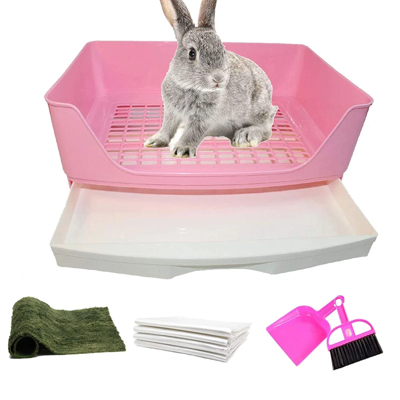 PINVNBY Grand Bac Litière d'Angle pour Lapins et Petits Animaux – Tiroir Nettoyage Facile (Rose)