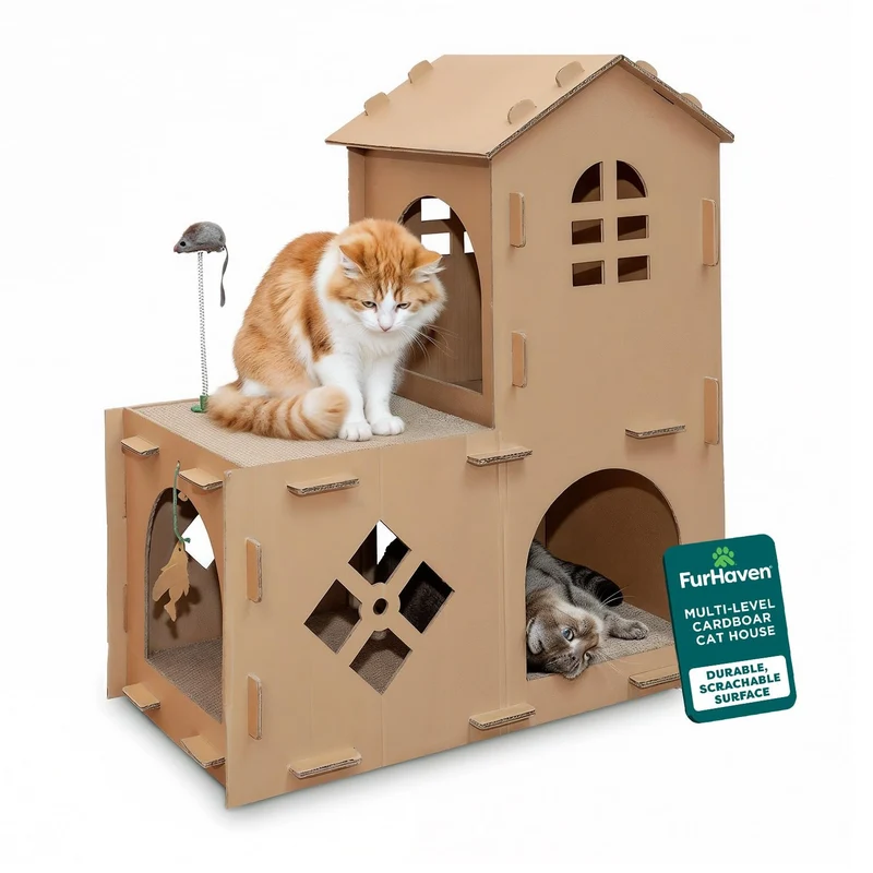 FurHaven Farmhouse – Maison pour chat en carton à niveaux, herbe à chat et jouets