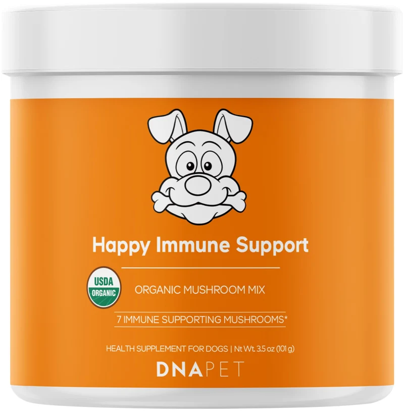 DNA PET Happy Immunity – Complexe de champignons bio certifié USDA pour chiens, Cordyceps Shiitake Reishi, poudre végane sans OGM, 3,5 oz