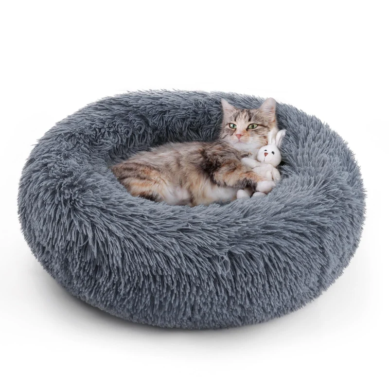 rabbitgoo Nid Chat Rond 60 cm — Cocon Douillet Lavable, Base Antidérapante Gris Foncé