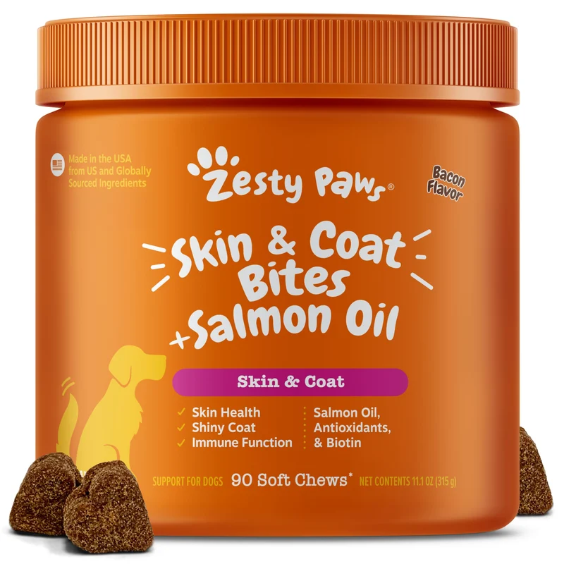 Zesty Paws Huile de Saumon pour Chiens – Oméga-3, Démangeaisons, Saveur Bacon, 90 Friandises