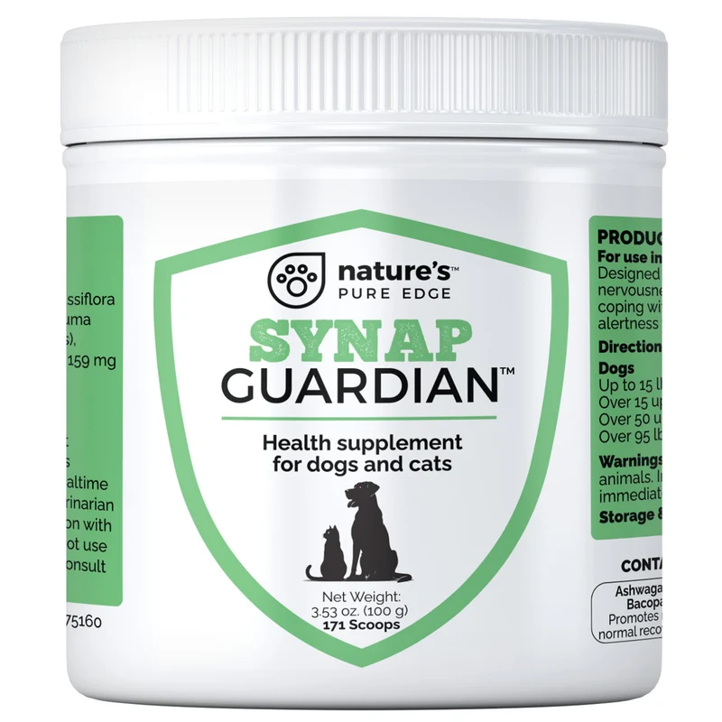 Synap Guardian – Soutien du système nerveux et apaisement pour chiens et chats – Formule naturelle avec Ashwagandha, Camomille, Valériane, 100 g | Nature's Pure Edge