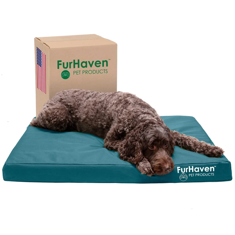 Furhaven Matelas Chien Logo Oxford Polycanvas Indoor/Outdoor – Imperméable et Orthopédique, Housse Amovible, Poids max 125 lb – Deep Lagoon, Grand