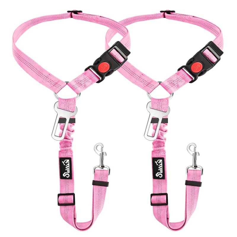 SlowTon – Ceinture de sécurité pour chien voiture – Lot de 2, harnais et attache tête, bungee élastique, réfléchissante, rose