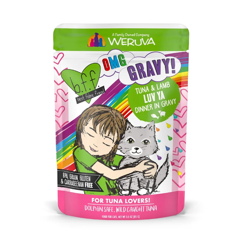 Weruva B.F.F. OMG – Meilleur Ami Félin Oh My Gravy, Thon et Agneau en Sauce, Sachets 3 oz (Lot de 12)