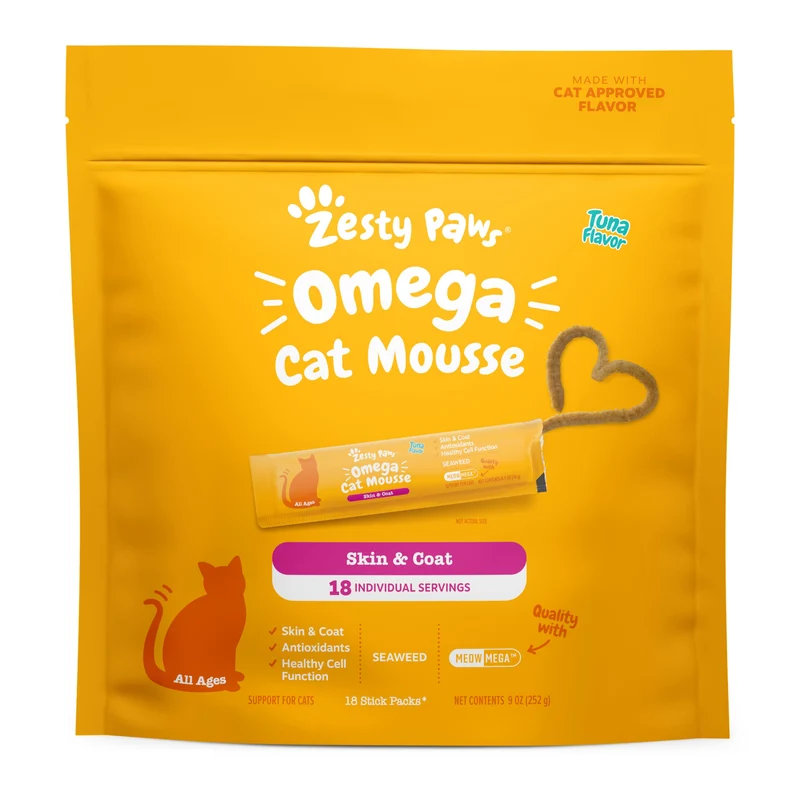 Zesty Paws Omega Cat Mousse – Friandises Mousse au Thon, Oméga & Algues – Peau et Pelage – 18 unités