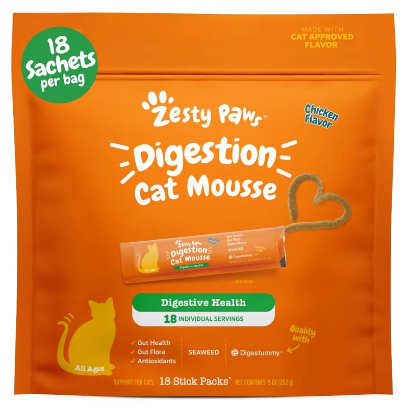 Zesty Paws Cat Mousse Squeezies Purée – Friandise pour la Digestion des Chats, Algues, Oméga, Antioxydants – Saveur Poulet – 18 Portions