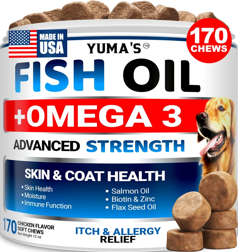YUMA'S Oméga 3 pour Chien – 170 Friandises – Soin Peau et Pelage – EPA & DHA – Huile de Saumon et Saveur Poulet