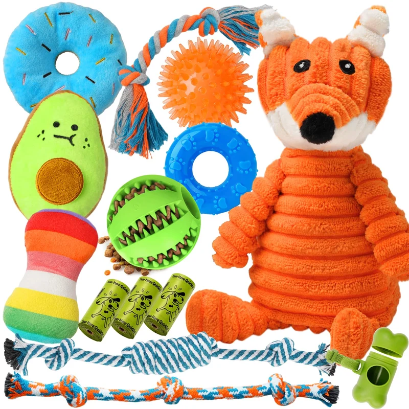 Zeaxuie – Lot de 14 Jouets pour Chiots : Peluches Qui Couinent, Cordes Résistantes et Balle Gourmande