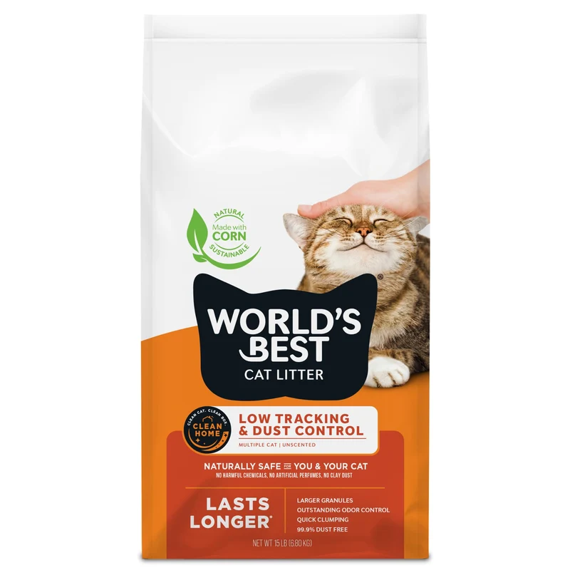 WORLD'S BEST CAT LITTER – Faible traînée et contrôle de poussière, Sans parfum, multi-chats, 15 lb – Ingrédients naturels, Grumeaux rapides, Compatible avec les toilettes et Fabriqué aux États-Unis