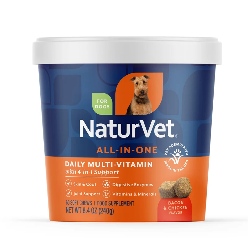 NaturVet Tout-en-Un pour chien – Soutien articulations, peau et digestion – 60 friandises molles sans blé