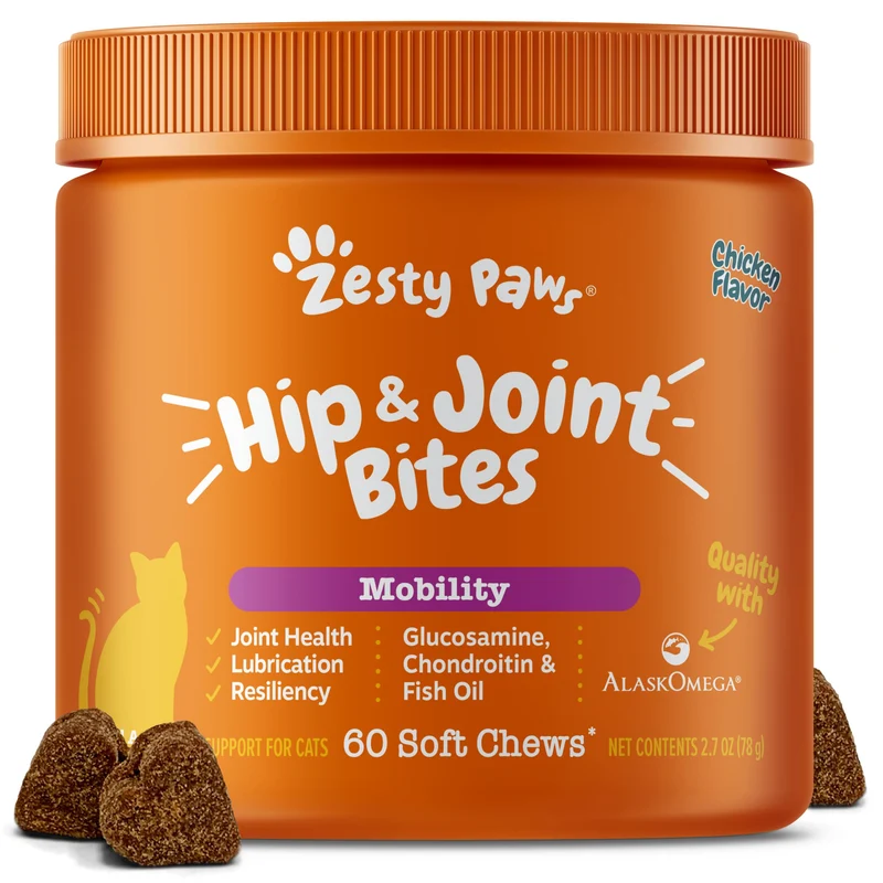 Zesty Paws Hip & Joint Bites pour Chats – Glucosamine, Turmeric, Oméga-3 – 60 bouchées
