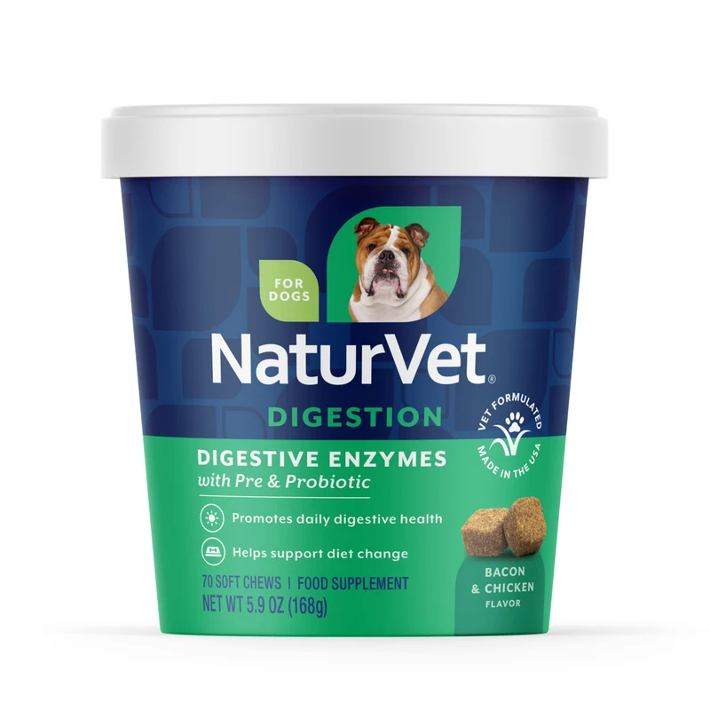 NaturVet – Enzymes digestives + Probiotiques et Prébiotiques pour Chiens – Soutien lors des changements d’alimentation et d’un tractus digestif sain – Friandises molles, 70 unités