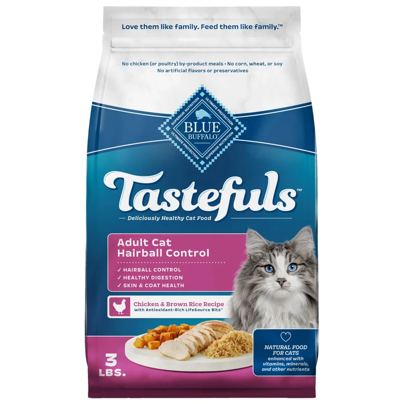 Blue Buffalo Tastefuls Contrôle des boules de poils – Croquettes pour Chat Adulte, Poulet et Riz Brun, 3 lb, Fabriqué aux États‑Unis