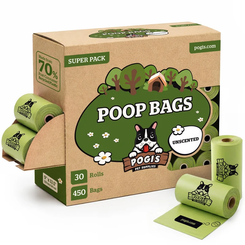 Sacs à crottes pour chien Pogi’s – Ultra épais, anti-fuite et sans parfum, 30 rouleaux (450 sacs)