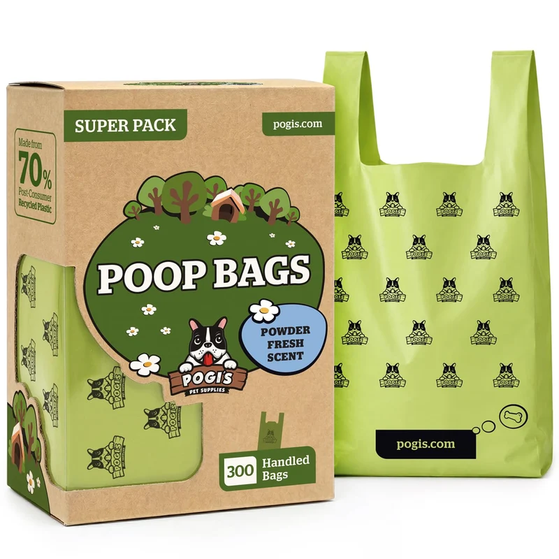 pogis – Sacs à crottes pour chien avec poignées – Extra-épais, Étanches, Grand Format, Parfum Frais, 300 sacs