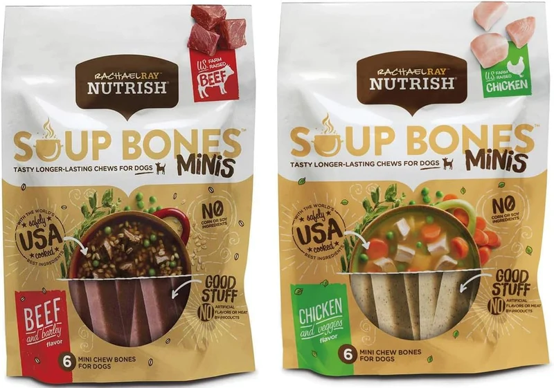 Rachael Ray Nutrish Soup Bones Minis — Friandises pour petits chiens (Poulet et Légumes ou Boeuf et Orge)
