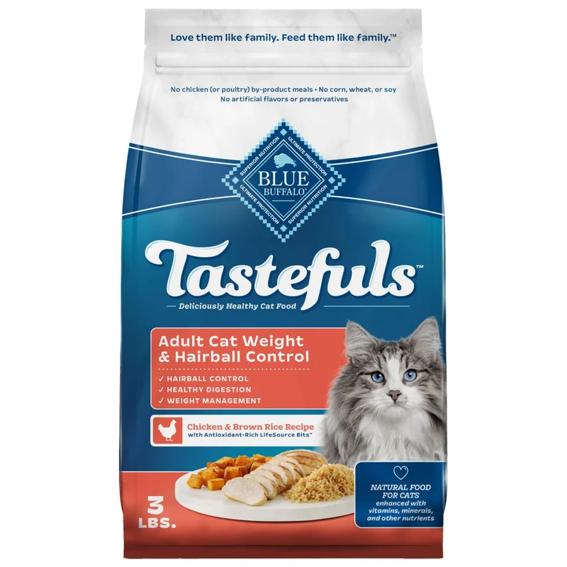 Blue Buffalo Tastefuls – Croquettes Chat Adulte, Contrôle Poids et Boules de Poils, Sac Refermable 3 lb