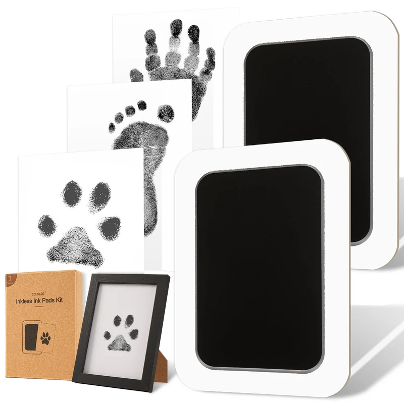 catose Kit d'empreintes sans encre pour chiens, chats et bébés – Cadre en bois, 2 tampons sans encre, souvenir durable