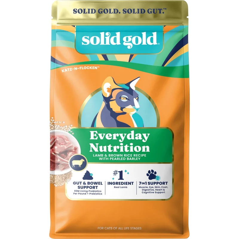 Solid Gold – Nourriture sèche pour chats d’intérieur (tous âges) avec agneau, riz brun, orge, probiotiques et fibres – 4 livres